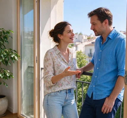 אישה וגבר בוגרים משוחחים ליד פתח מרפסת, כשהיא מסבירה דבר מה והוא מקשיב ונשען בידו על המעקה