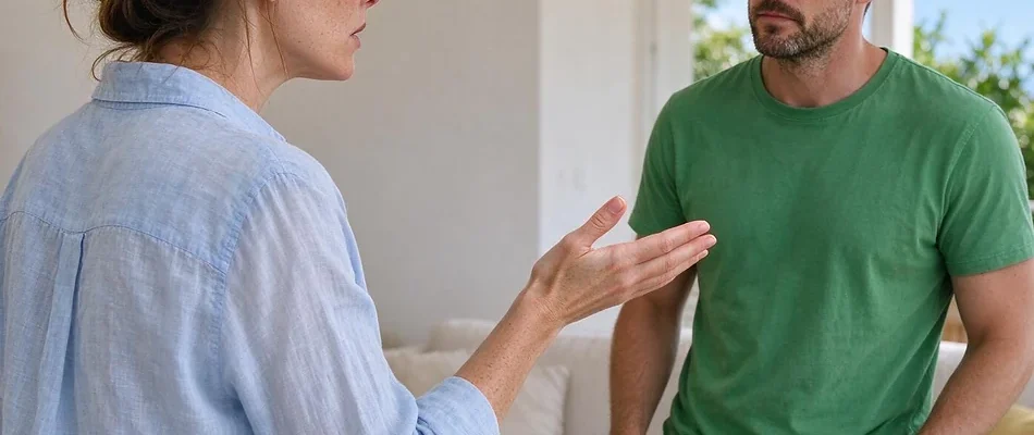אישה בוגרת מרימה כף יד פתוחה בשיחה בעמידה, וגבר בוגר מולה נסוג מעט ומקשיב