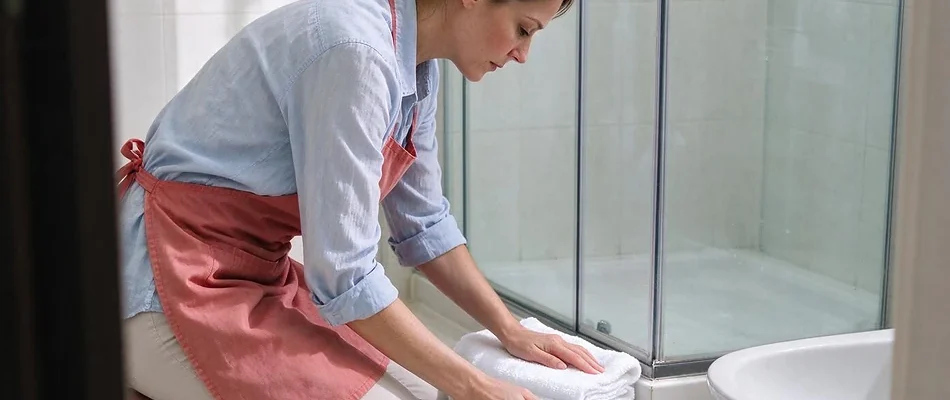 אישה בוגרת בחולצה תכולה ובסינר מניחה מגבות וגיגית ליד מקלחת, ולצדן קערה קטנה עם קצף