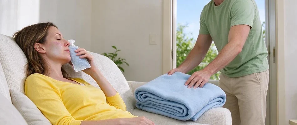 אישה בוגרת נחה על ספה עם קומפרס קר על הלחי לאחר טיפול שיניים, ובן זוגה מניח לצדה שמיכה מקופלת