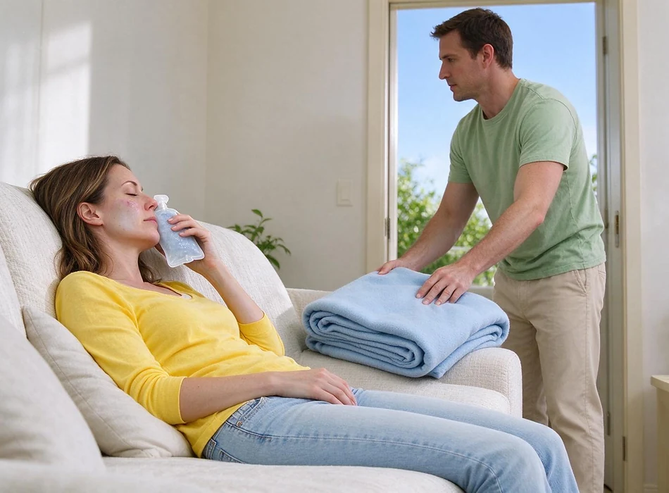אישה בוגרת נחה על ספה עם קומפרס קר על הלחי לאחר טיפול שיניים, ובן זוגה מניח לצדה שמיכה מקופלת