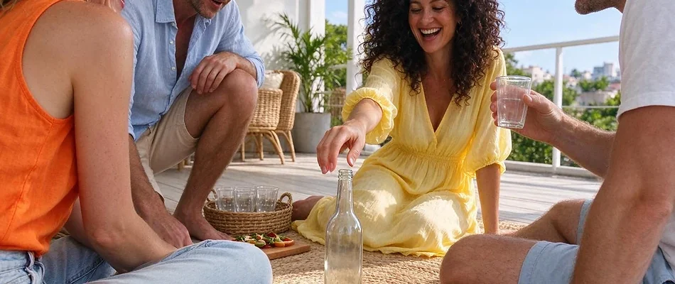 ארבעה חברים מבוגרים יושבים במעגל על שטיח במרפסת, ואישה מסובבת בקבוק זכוכית במרכז
